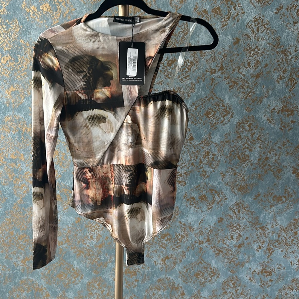 FINAL SALE 🏷️ Nude Abstract Renaissance Print One Shoulder Bodysuit - Picture 3 of 6